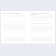 Page excerpt, displaying a 2-page spread of white paper with lined formatting. 4 different story prompts are on the pages.