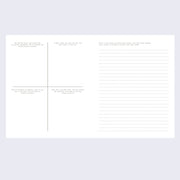 Page excerpt, displaying a 2-page spread of white paper, left side divided into 4 segments with a different story prompt in each, right side lined with a single story prompt at the top.
