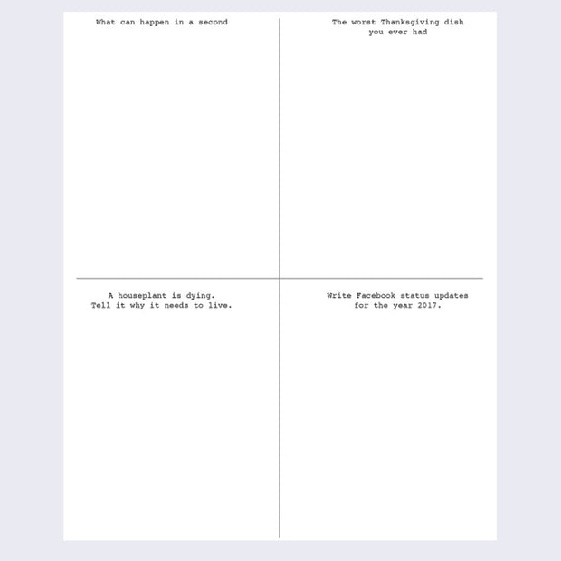 Page divided into 4 quadrants with various writing topics at the top of each quadrant.