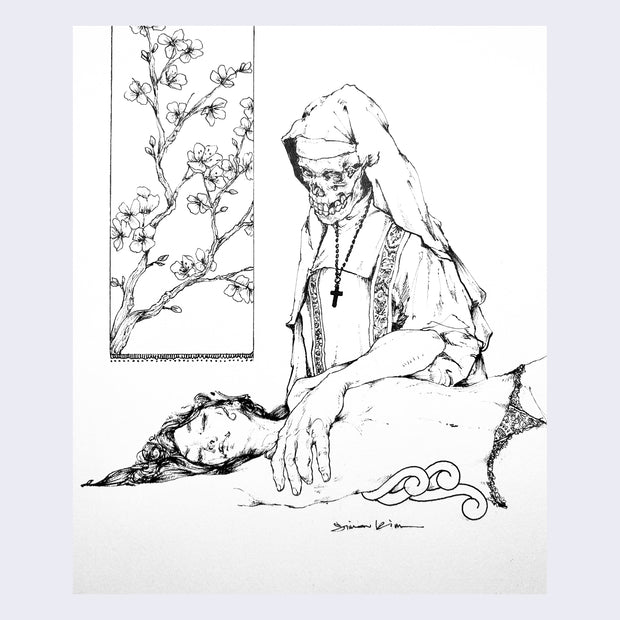 Ink drawing of a nude woman, laying on a surface with eyes closed. Standing over her is a skeleton dressed as a nun, who extends their human arm over the woman's chest.