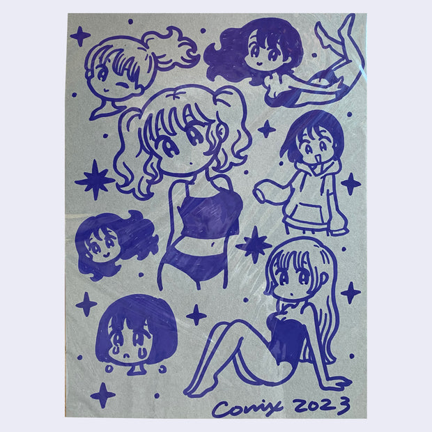 Blue marker drawing on grey paper of 7 sketches of differently posed anime women, all in the same style. Some are close up head portraits, others are full or half body renderings.