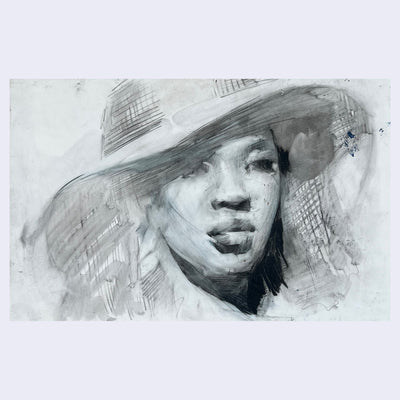 Fine art sketch of a woman's face wearing a large sunhat.