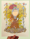 Risograph print of a colorful, energetic scene of a large tree with Totoro in front of it, flying with a red umbrella. Catbus wraps around the tree, smiling and two children excitedly stand with their arms up at the bottom of the tree.