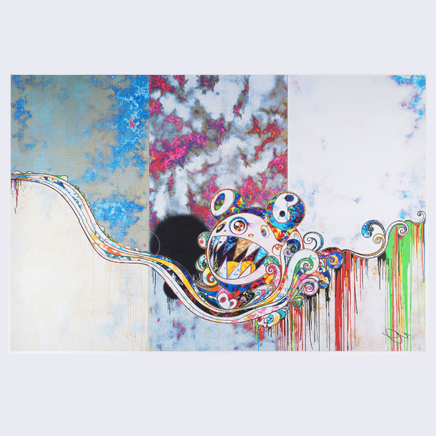 Print of bright blue rainbow color Murakami DOB figure, mouth open with sharp teeth upon a thin abstract pattered wave. Background is divided into 3 panels of ink dispersement pattern. 