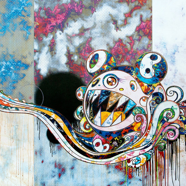 Close up of bright blue rainbow color Murakami DOB figure, mouth open with sharp teeth, atop a thin abstract patterned rainbow dripping wave.