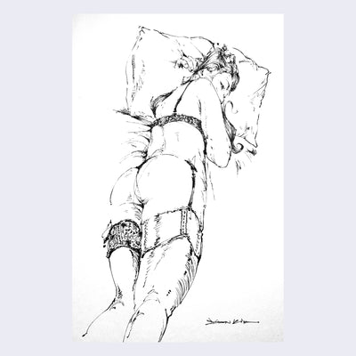 Ink drawing of a woman, wearing lingerie and resting on a bed, with her butt up to the viewer.