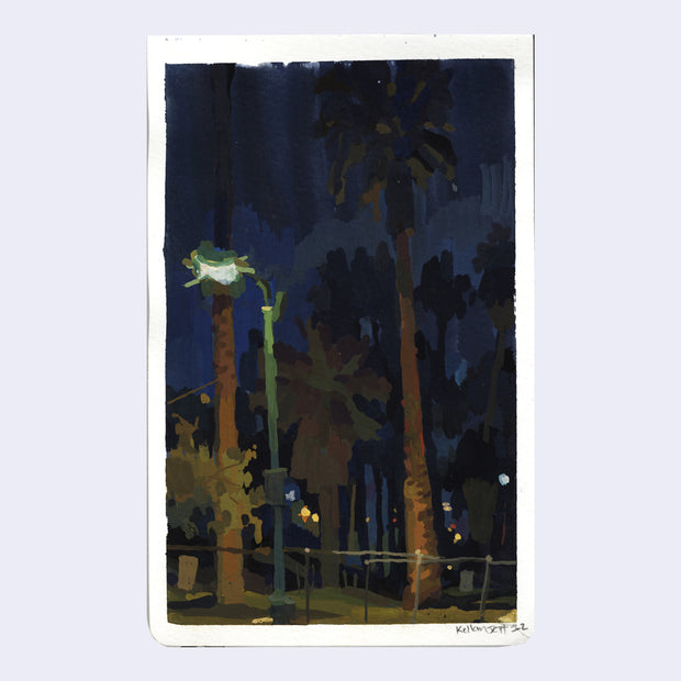 Plein air night scene painting of a park setting, with tall palm trees and a bright street light.