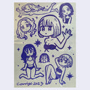 Blue marker drawing on grey paper of 7 sketches of differently posed anime women, all in the same style. Some are close up head portraits, others are full or half body renderings.