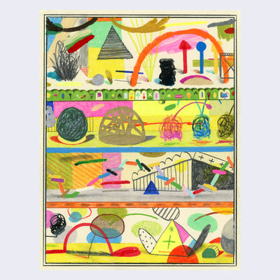 Colorful mixed media drawing divided into 4 horizontal quadrants, like floors in a house. Each floor has a variety of colorful abstract shapes and scribbles, pieced together like a collage. Lots of yellows and neon greens.