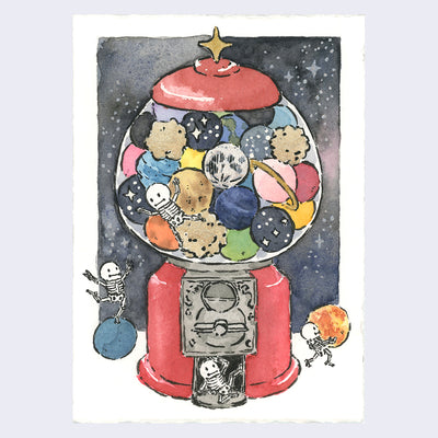 Watercolor illustration on white paper with a border. Illustration is of a red gum-ball machine with multicolored and space themed gum-balls. A small cartoon skeleton is pushed up against the glass inside the machine and 3 more are at the bottom of the machine, interacting with gum-balls. Background is a galactic sky.