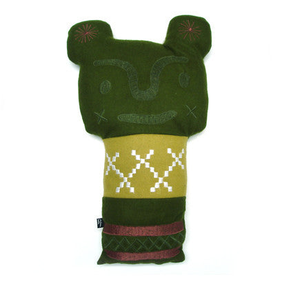 Princess Tina - Cushion Plush (Bear). Green folk art style bear plush with a thin rectangle body.