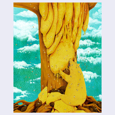 Finely shaded color pencil illustration of a large tree covered fully with thick honeycomb clumps, with a matching yellow bear eating the honey, bees fly all around. Background is a cloudy forest setting.