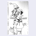 Ink drawing on sketchbook paper of a person dressed as a holiday elf. Behind them "Happy Holiday" is written