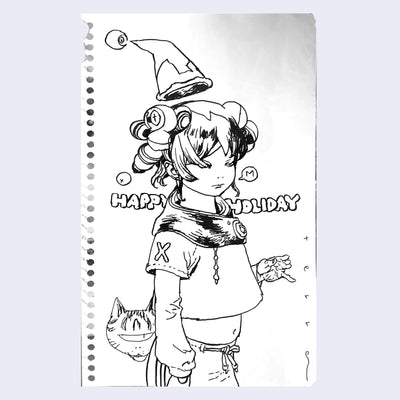 Ink drawing on sketchbook paper of a person dressed as a holiday elf. Behind them "Happy Holiday" is written