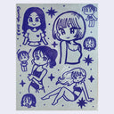 Blue marker drawing on grey paper of 8 sketches of differently posed anime women, all in the same style. Some are close up head portraits, others are full or half body renderings.