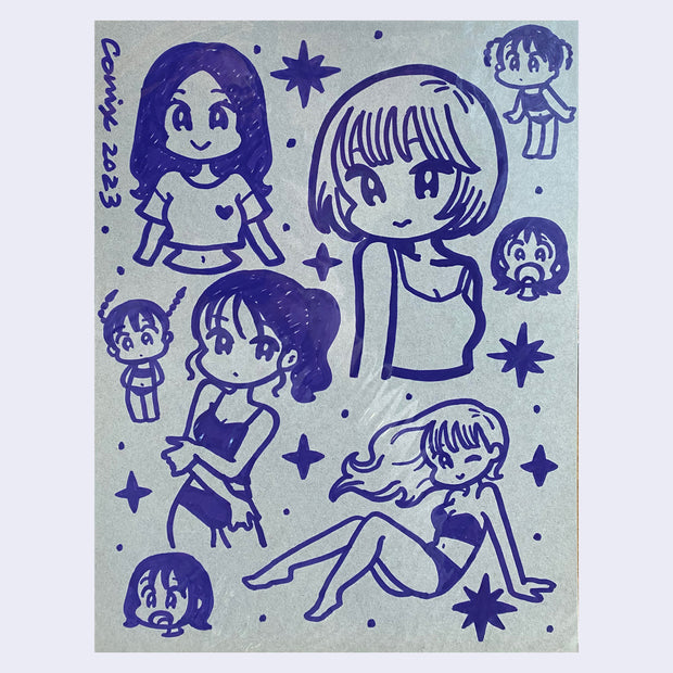 Blue marker drawing on grey paper of 8 sketches of differently posed anime women, all in the same style. Some are close up head portraits, others are full or half body renderings.