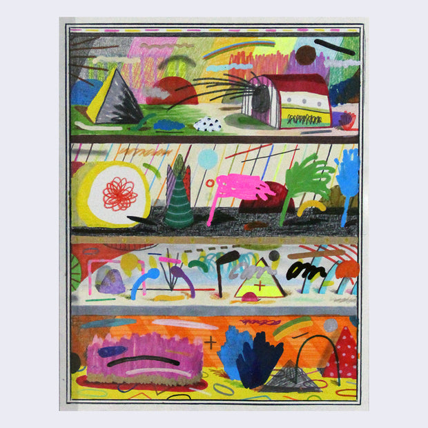 Colorful mixed media drawing divided into 4 horizontal quadrants, like floors in a house. Each floor has a variety of colorful abstract shapes and scribbles, pieced together like a collage. Top floor has a barn like building, next floor has blowing trees, next floor has a pyramid and abstract street lamps and first floor has abstract bush shapes.