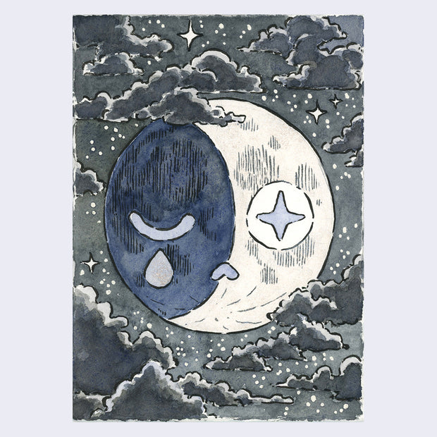 Full bleed watercolor illustration of a large waxing crest moon. The larger white crescent has a sparkle eye and the shaded side has closed eye with a single tear coming down. Background is a cloudy night sky with many stars.