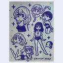 Blue marker drawing on grey paper of 7 sketches of differently posed anime women, all in the same style. Poses include lounging in a bikini, singing in a bikini, etc.