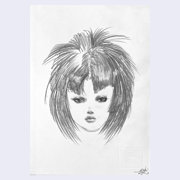 Pencil drawing of a stylized cartoon face, she looks at the viewer with a serious expression. Her hair is very punk rock, spiked and teased in all directions.