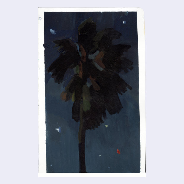 Plein air painting of a night time palm tree, with some light flecks in the back.