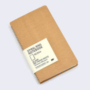 Kraft paper blank cover notebook with rounded corners and metal spiral binding on side. Small paper insert wraps around notebook and with all the specs written, which can be read in product description.