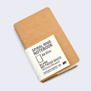 Kraft paper blank cover notebook with rounded corners and metal spiral binding on side. Small paper insert wraps around notebook and with all the specs written, which can be read in product description.