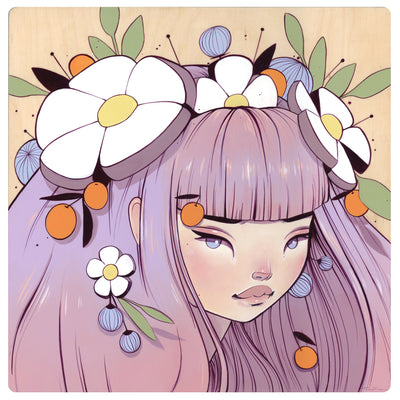 Painting of a stylized woman with thick, straight purple hair and straight bangs. She can only be seen from above the shoulders. Her hair is decorated with large white simplified daisies, orange fruits, green leaves and periwinkle flower buds. Exposed wood is the background.