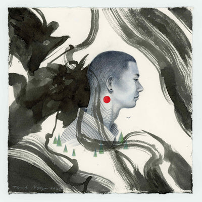 Watercolor painting on paper, with a black-and-white man looking off to the side, a large red dot on his neck and small pine trees around his shoulders. Surrounding him are thick, inky brush strokes abstractly resembling koi fish, mouths open wide towards his head. 