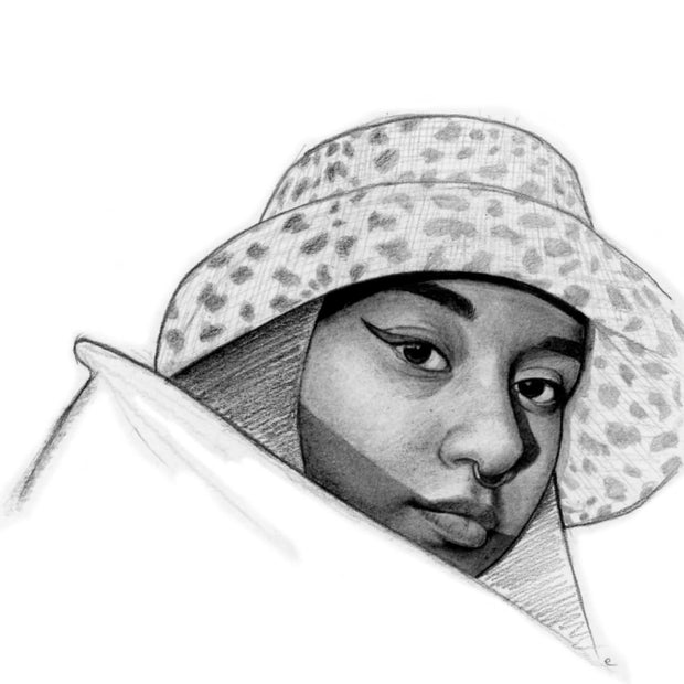 Close up, finely rendered greyscale portrait of a woman who has heavy eyeliner, a septum ring and wears a leopard print hat. She looks at the viewer seriously.