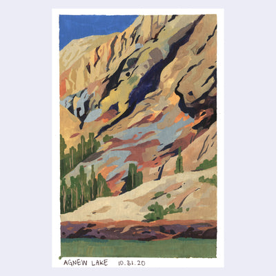 Plein air painting of a green lake setting, with tall barren mountains talking up most of the piece. Some trees are around the setting.