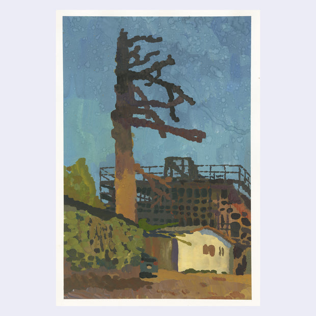 Plein air painting of a tall, bare tree in a alley at nighttime with artificial lighting. Behind, is a construction site for a large building.