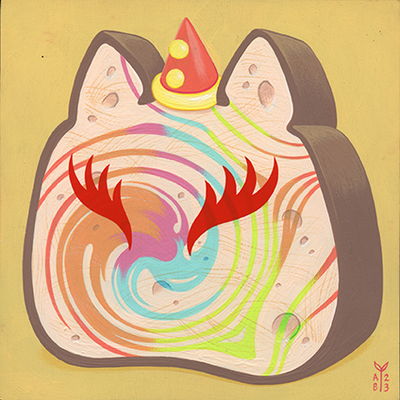 Painting of a cartoon slice of bread, shaped like a cat's head with a red and yellow clown hat and rainbow swirls through out the slice. It has no facial features but two spiky red eyebrows, tilted slightly downwards.