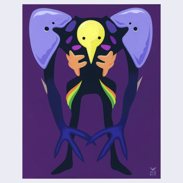 Painting of Sachiel from Evangelion, looking head on with bulky purple shoulder pads and long arms hanging down on a deep purple background. 