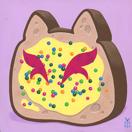 Painting of a cartoon slice of bread, shaped like a cat's head. It has butter spread out on the slice with colorful circle sprinkles on it. It has no facial features but two bright pink eyebrows, which are downturned.