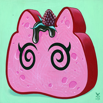 Painting on mint green background of a slice of pink bread, shaped like a cat's head with a strawberry and a green viscous substance dripping down. It has large simplistic swirly eyes and no other facial features