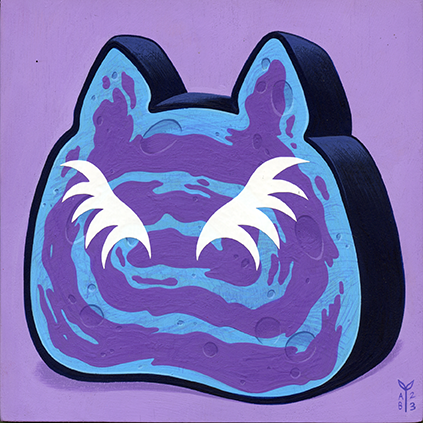 Painting on purple background of a slice of blue bread, shaped like a cat's head. The bread has purple swirls baked into the loaf and no facial features except for white fluffy eyebrows, like an old man.