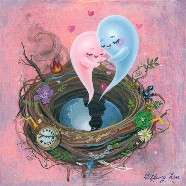 Painting of a bird's nest with various knick knacks interwoven, such as a pocket watch, beads, and notes. In the center of the nest is a cracked blue egg, with a pink ghost and a blue ghost floating out of it, extending arms to embrace.