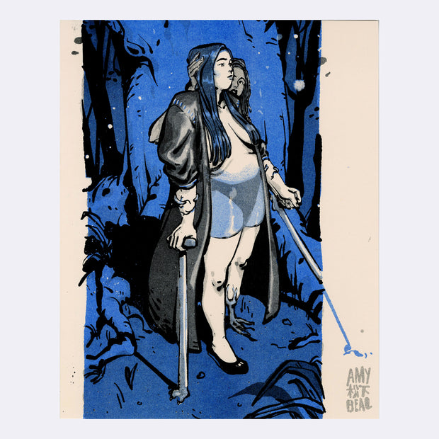Risograph on cream paper, a mostly dark blue scene of a woman with long hair, roots growing around her body, and an open robe, exposing her unclothed upper body, stands at the base of a tree trunk. She has two different crutches. A woman stands behind her and positions her head to look right.