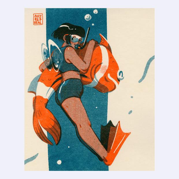 Orange and blue risograph print on cream paper of a tan woman in a bathing suit, snorkel and flippers. She holds onto a large smiling clownfish.