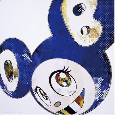 Print of Murakami DOB figure wearing cobalt blue headwear with a multicolor flat tooth smile, looking upward.