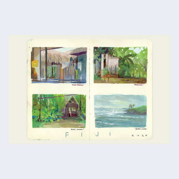 Open book spread of 4 thumbnail illustrations of different outdoor scenes.