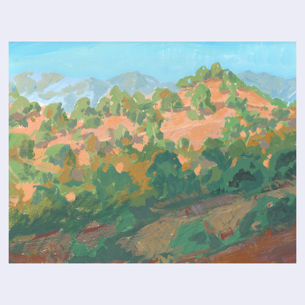 Plein air painting of a canyon scene, with many trees dotting the hills and a blue sky.