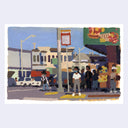 Plein air painting of a busy street outside of a grocery store, with many people standing outside and crossing the street.