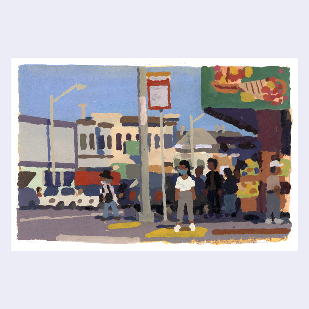 Plein air painting of a busy street outside of a grocery store, with many people standing outside and crossing the street.