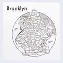 Black letterpress on white paper of the city of Brooklyn, depicted abstractly as various circles and lines. Neighborhood names are inside of circles, aligned in relation to their real location, and connected by street names. "Brooklyn" is written largely in the upper left corner.