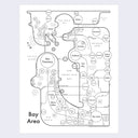 Black line art abstract map of the Bay Area, with circles representing the main cities and various lines representing well known roads/bridges/routes.