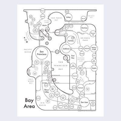 Black line art abstract map of the Bay Area, with circles representing the main cities and various lines representing well known roads/bridges/routes.