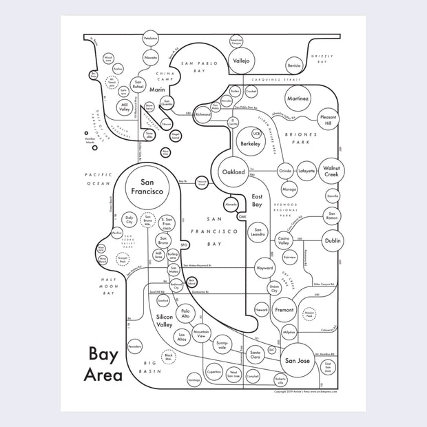 Black line art abstract map of the Bay Area, with circles representing the main cities and various lines representing well known roads/bridges/routes.