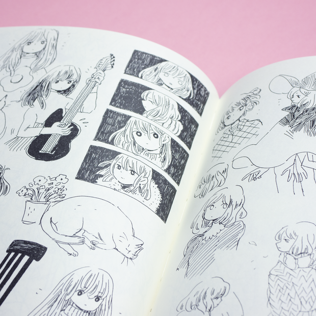 Close up book spread of fine line pen sketches of variously positioned girls.